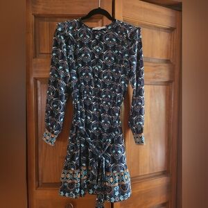 Loft Ruffle Paisley Mid Flare Long Sleeve Dress Size Small with Tie Belt